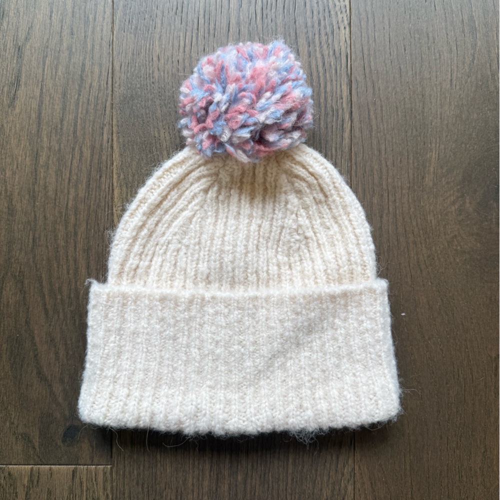 Auxiliary Cream and Pink Knit Hat with Pom-Pom
